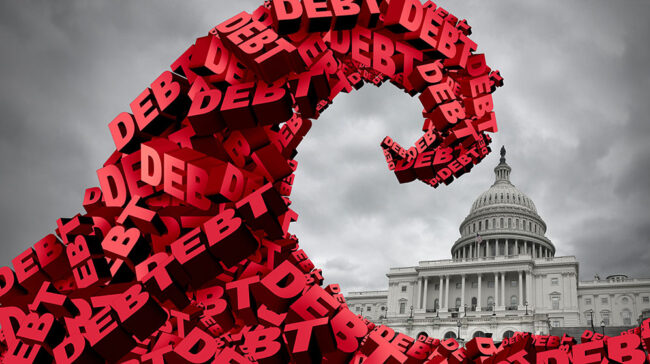 Photo collage of a wave that spells "debt" and the capital building