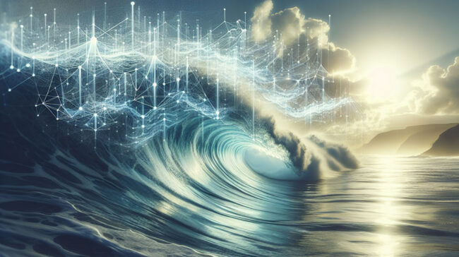 Image collage of an ocean wave with high tech looking AI symbols over it