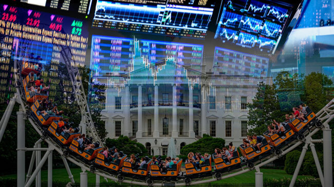 Image collage of she stock market, the white house, and a roller-coaster