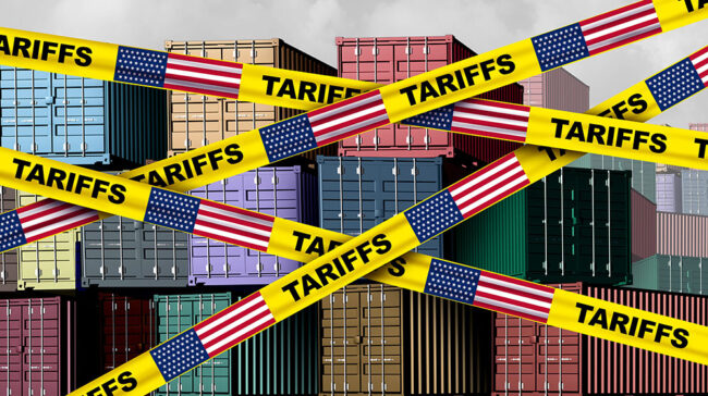 Image of shipping containers with "Tariffs" written on yellow tape