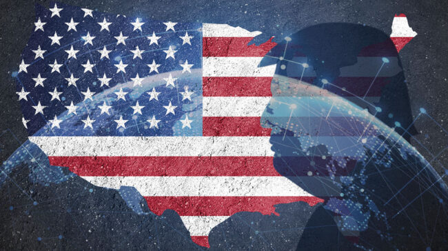 Collage of the U.S. flag, the world, and Trump