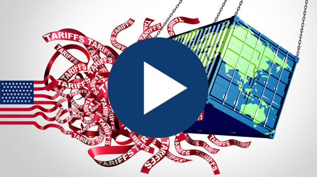 Image of the U.S. flag and red tape with the word "TARIFFS" on it