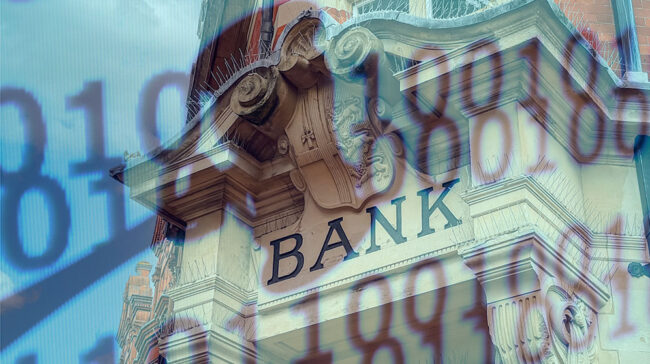 Photo collage of digital numbers and a community bank sign