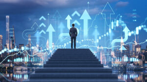 Photo collage of innovation, a person, and a city