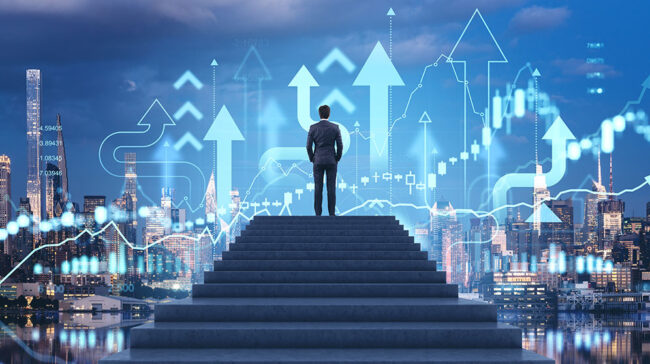 Photo collage of innovation, a person, and a city