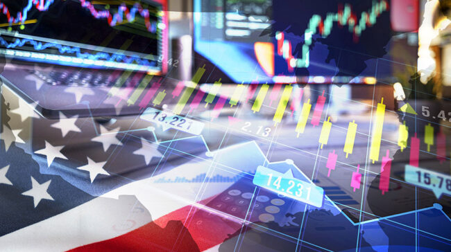 Photo collage of the U.S. flag and the stock market