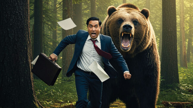Photo of a business man running from a bear