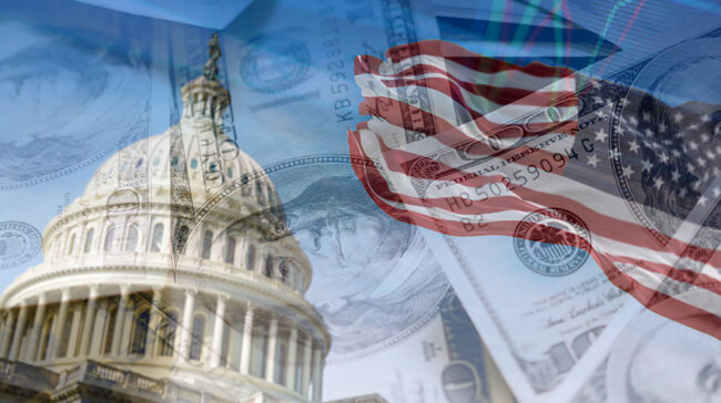 Photo collage of the capital building, the U.S. flag, and money