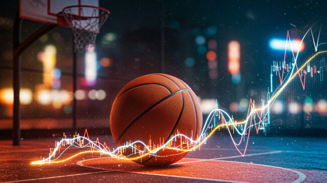 Photo collage of a basketball and the stock market
