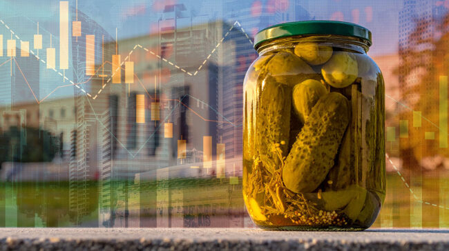 Photo of jar of pickles and the Fed building