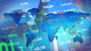 Collage of financial elements and a map of the world