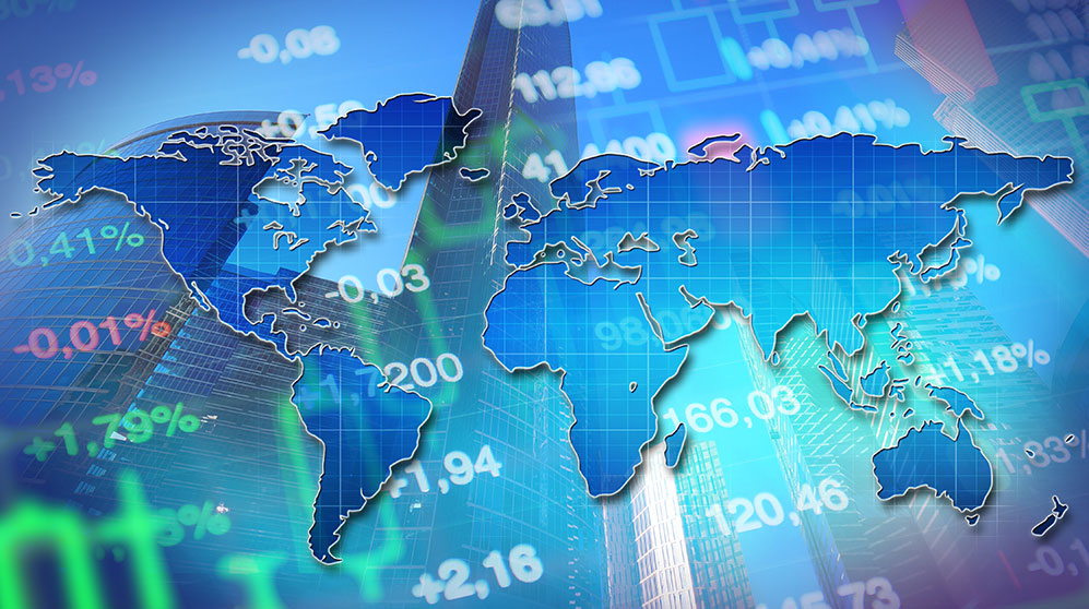Collage of financial elements and a map of the world