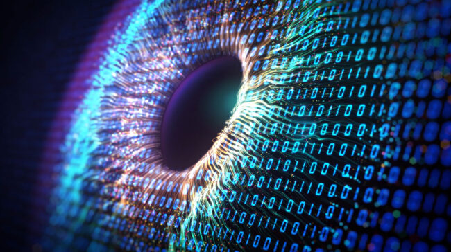 Image of an eye made up of AI numbers
