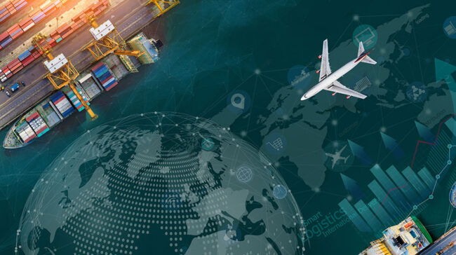 Photo of cargo ships, the world, and an aiplane