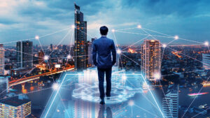 Professional business man walking on future network city background and futuristic interface graphic at night