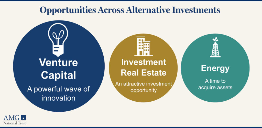 Graphic Showing "Opportunities Across Alternative Investments" between Venture Capital, Investment Real Estate, and Energy