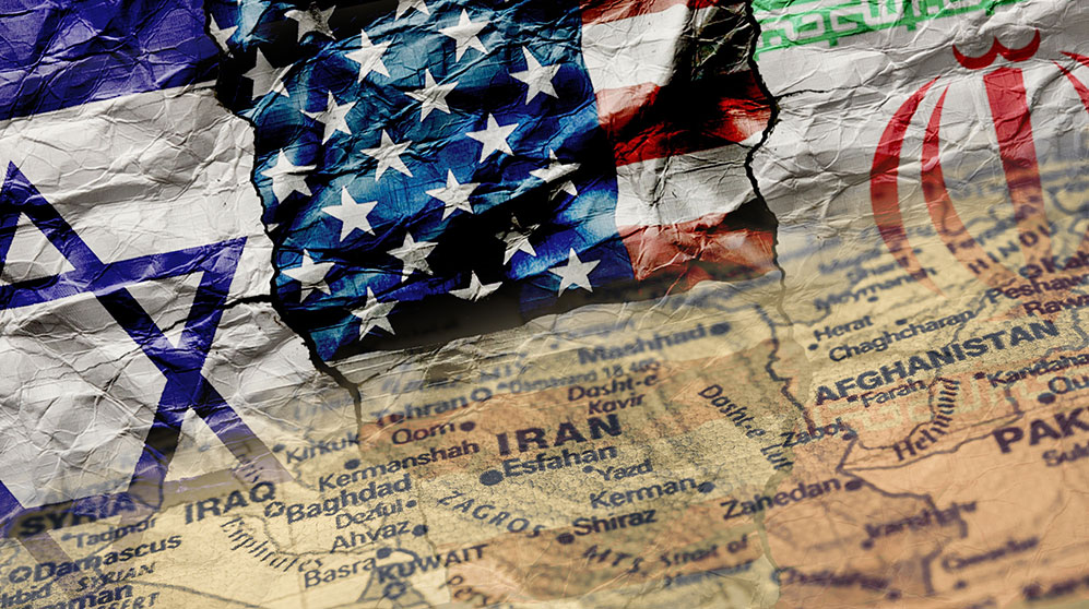 Photo collage of the U.S., Iran and Israel flags