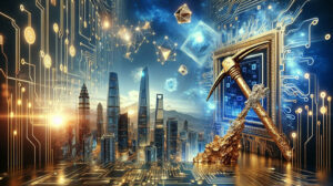 Futuristic illustration of AI merged with gold rush imagery