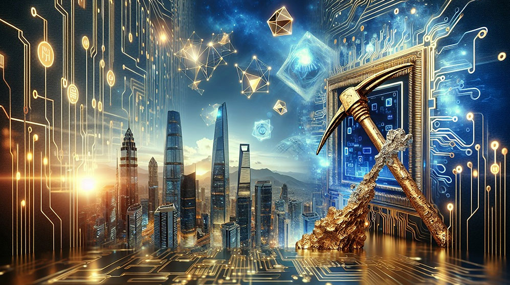 Futuristic illustration of AI merged with gold rush imagery