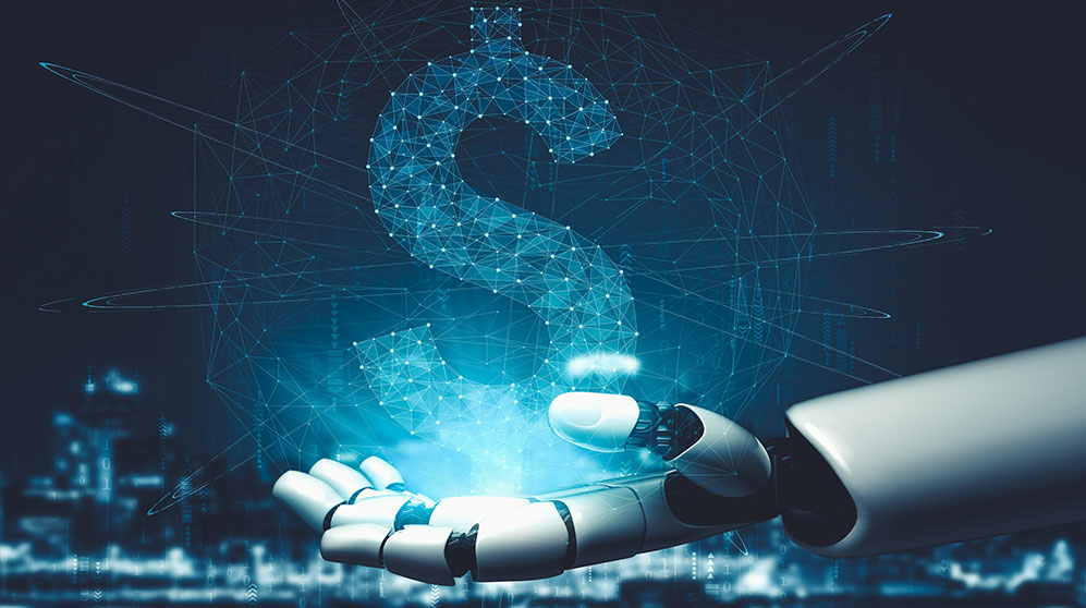 Robot hand holding a dollar sign