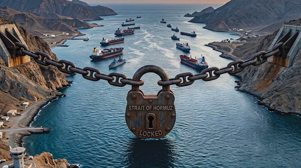 Illustration of the Strait of Hormuz closed with a chain and lock