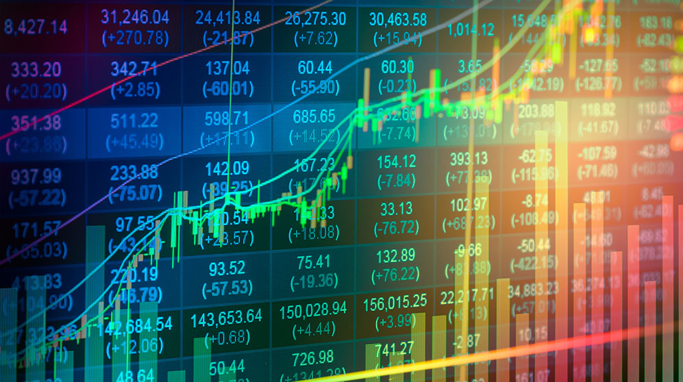 Photo of different stocks and a stock ticker