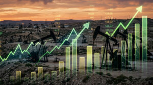Photo of oil pumps and a financial arrow and chart
