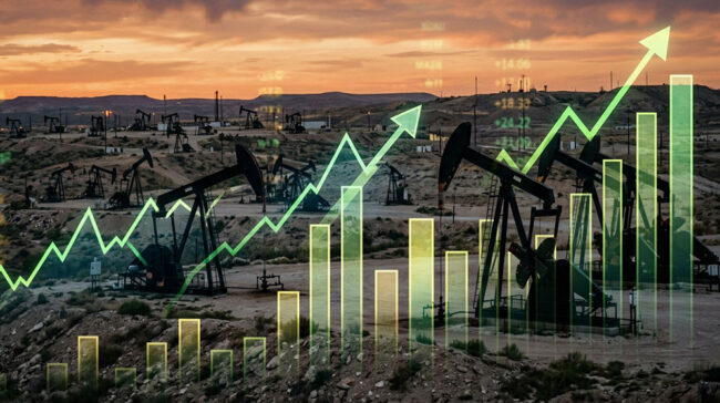 Photo of oil pumps and a financial arrow and chart