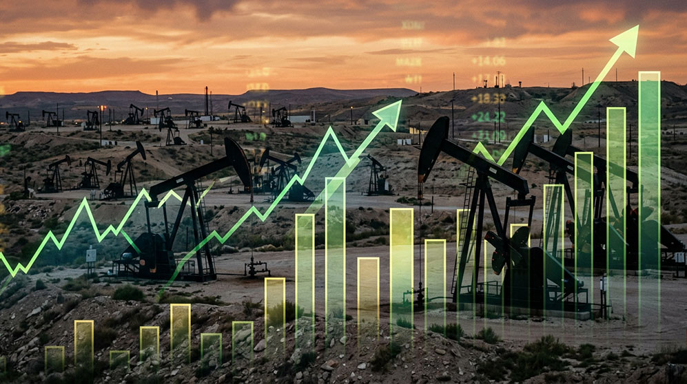 Photo of oil pumps and a financial arrow and chart