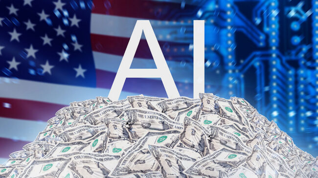Photo collage of AI, cash, and the U.S. flag