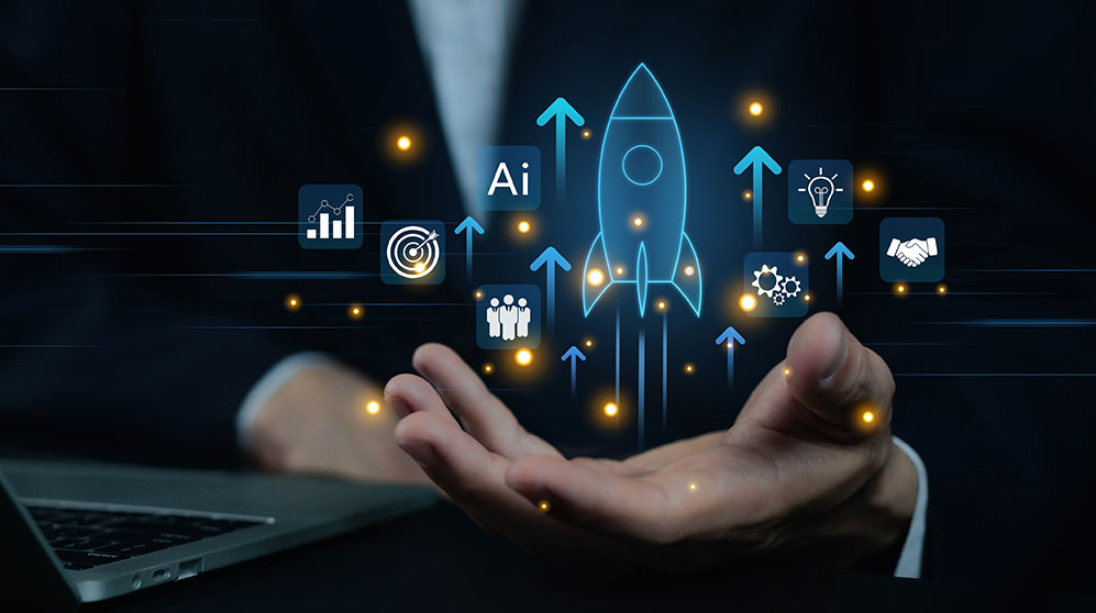 Illustration of a rocket ship and icons to depict start-up companies