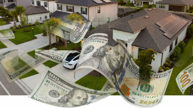 Photo collage of a neighborhood of houses and cash